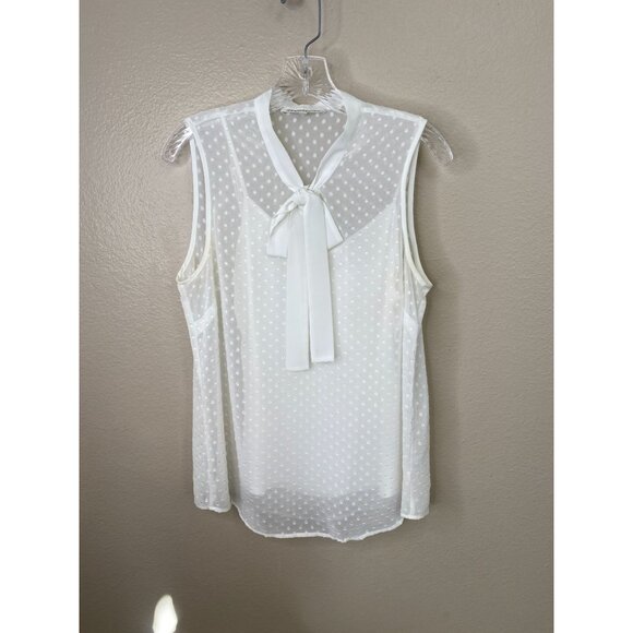 Daniel Rainn Sleeveless Polka Dot Tie-Neck Blouse Womens M Sheer White Polyester - Picture 2 of 7